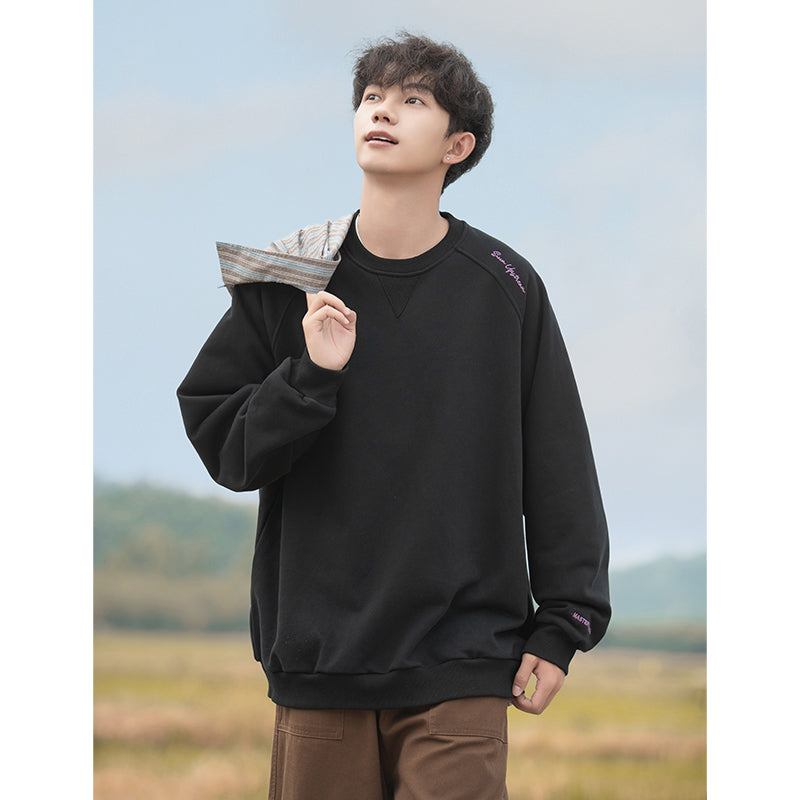 字母刺繡插肩拼接圓領長袖T-Shirt