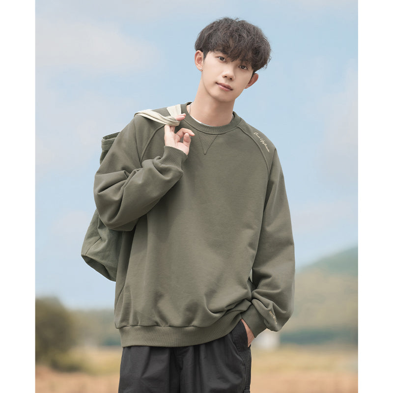 字母刺繡插肩拼接圓領長袖T-Shirt