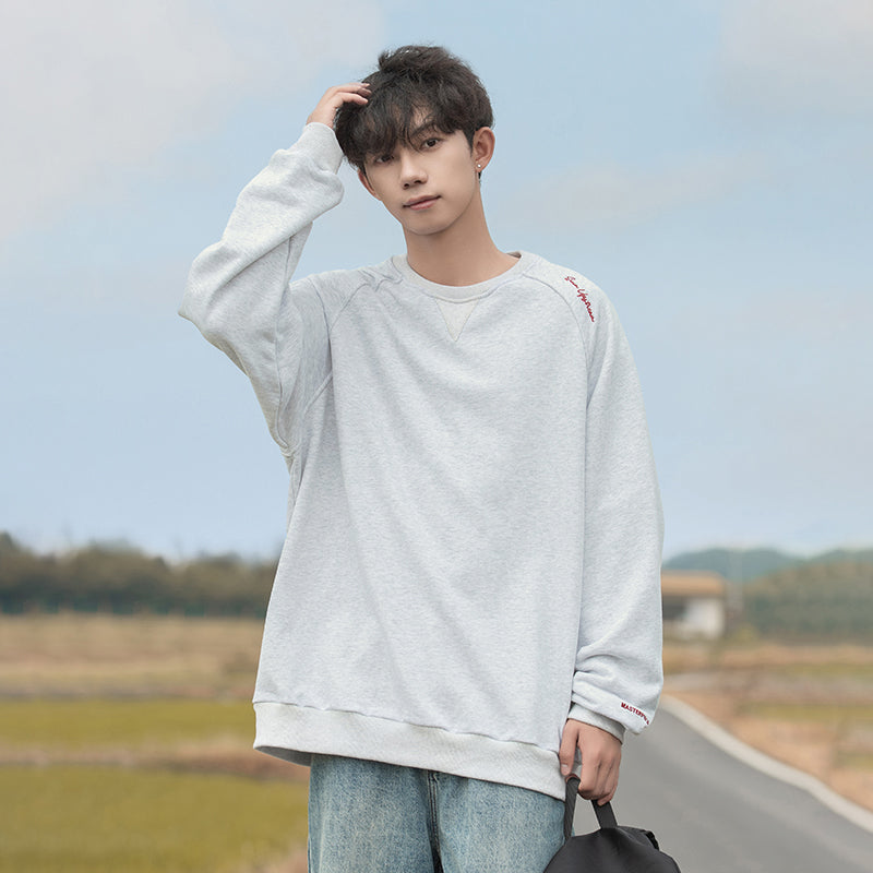 字母刺繡插肩拼接圓領長袖T-Shirt