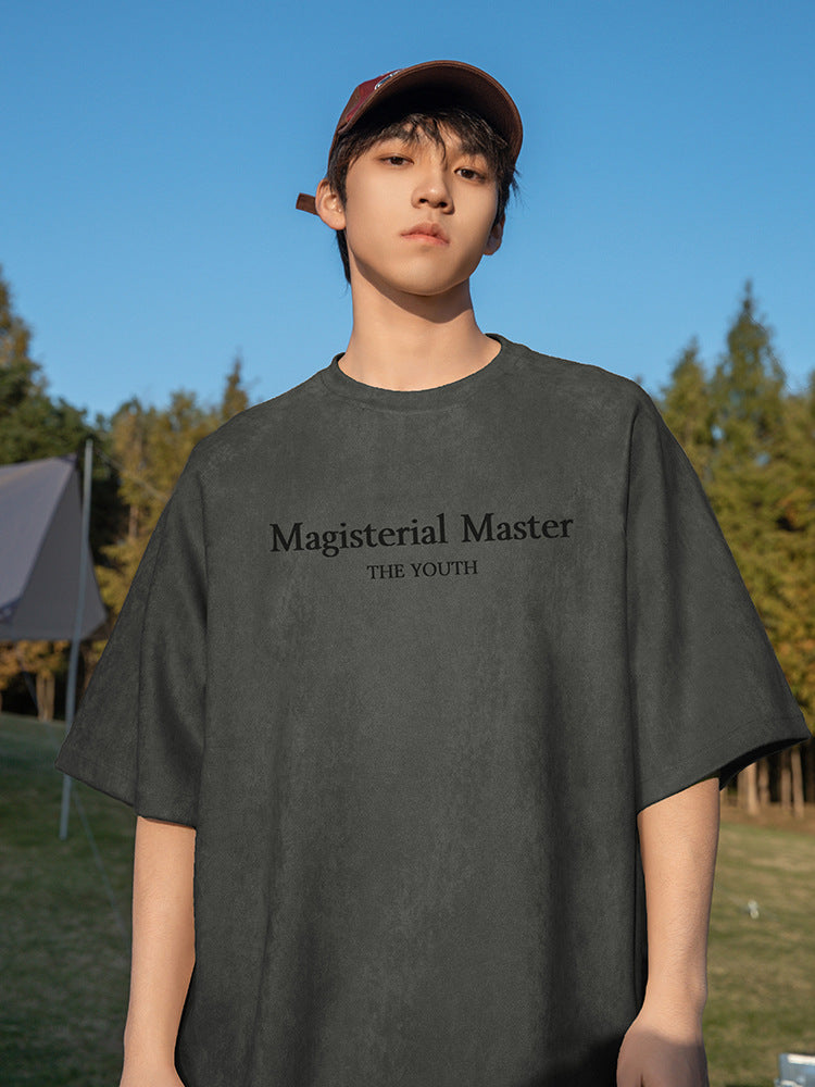 圓領麂皮絨字母印花短袖T-Shirt(5色)