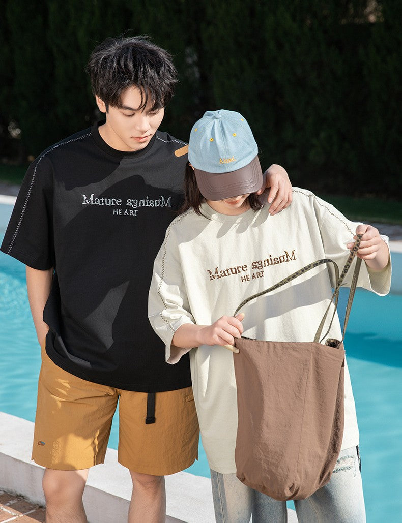 撞色字母刺繡明線設計短袖T-Shirt(2色)