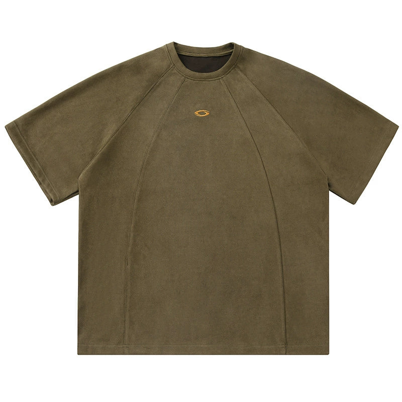 麂皮立體分割撞色刺繡短袖T-Shirt(3色)