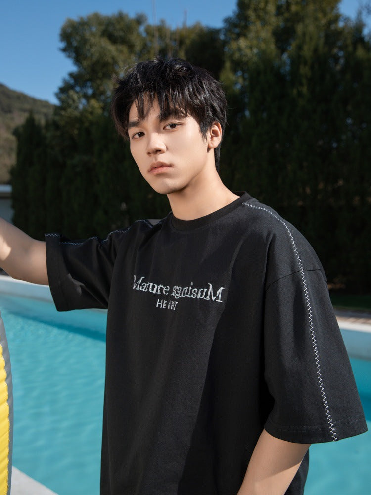 撞色字母刺繡明線設計短袖T-Shirt(2色)