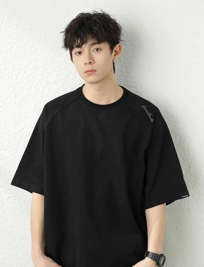 領口壓線刺繡短袖T-Shirt(3色)