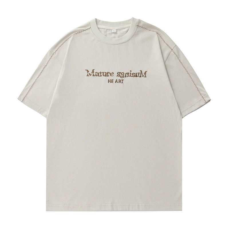 撞色字母刺繡明線設計短袖T-Shirt(2色)