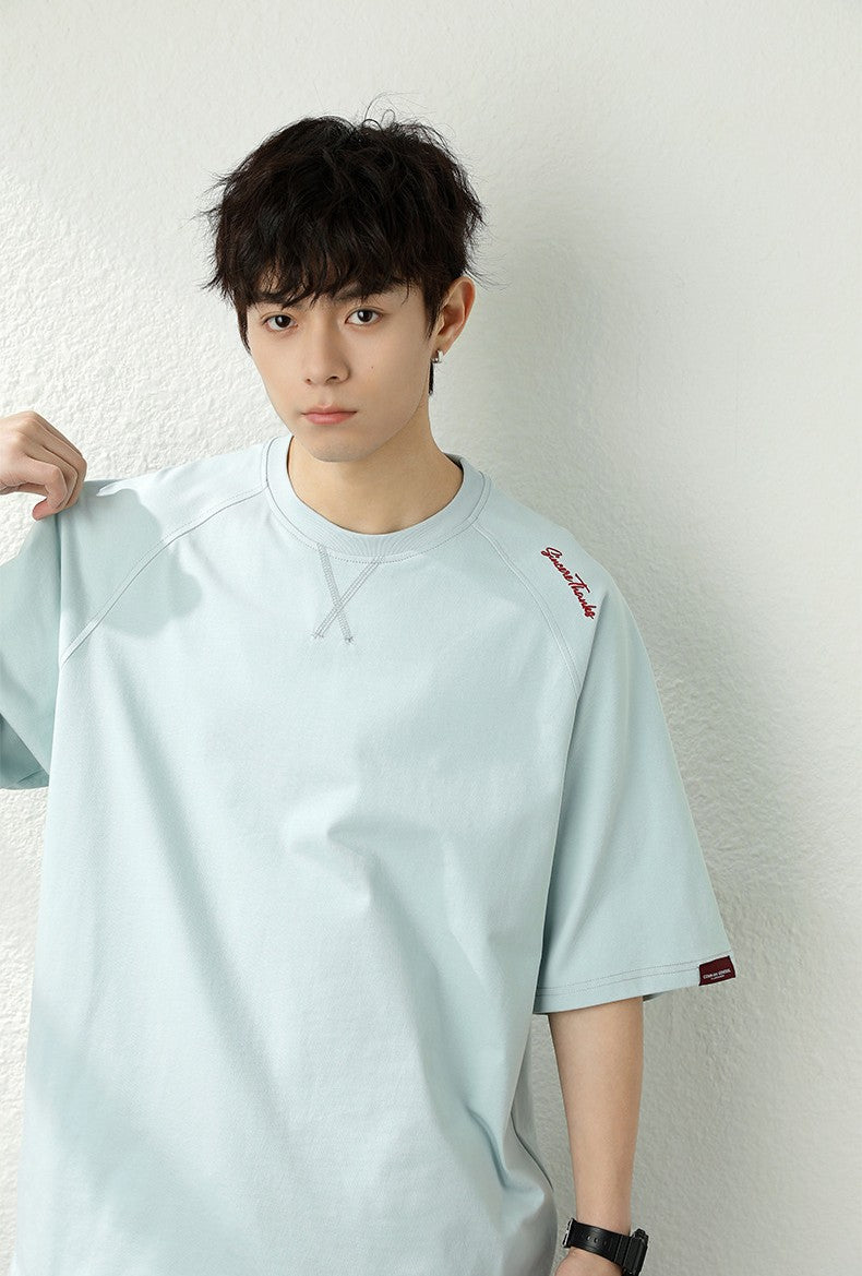 領口壓線刺繡短袖T-Shirt(3色)