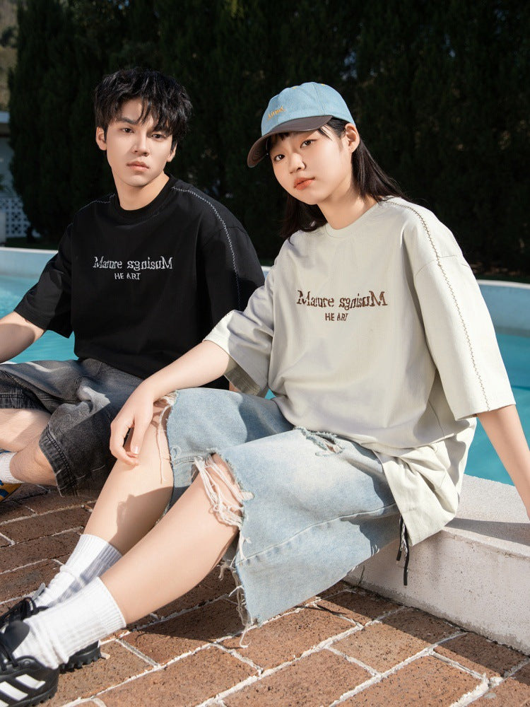 撞色字母刺繡明線設計短袖T-Shirt(2色)