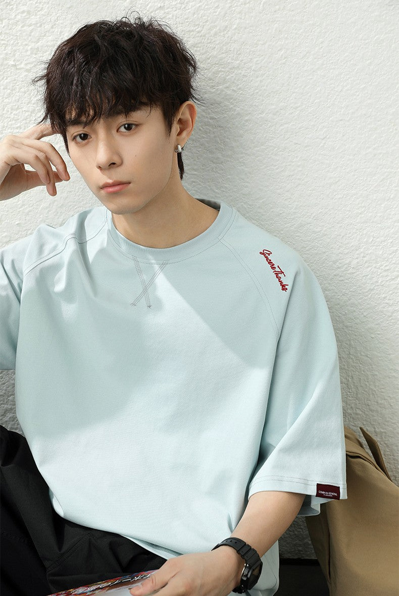 領口壓線刺繡短袖T-Shirt(3色)