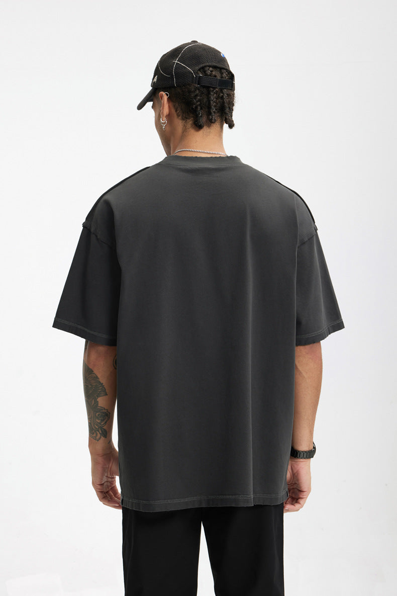 260G水洗磨破刺繡短袖T-SHIRT(2色)