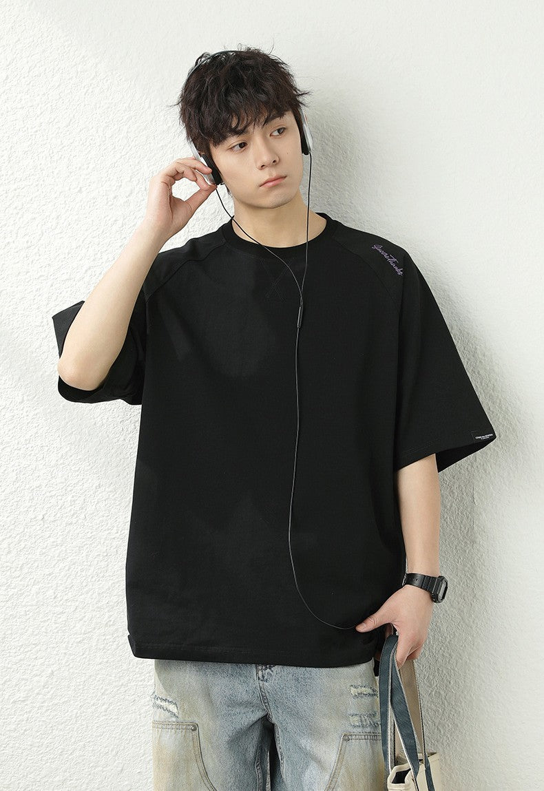 領口壓線刺繡短袖T-Shirt(3色)