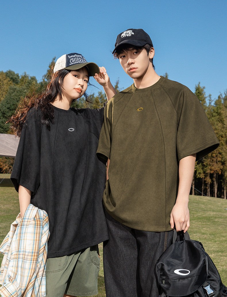 麂皮立體分割撞色刺繡短袖T-Shirt(3色)