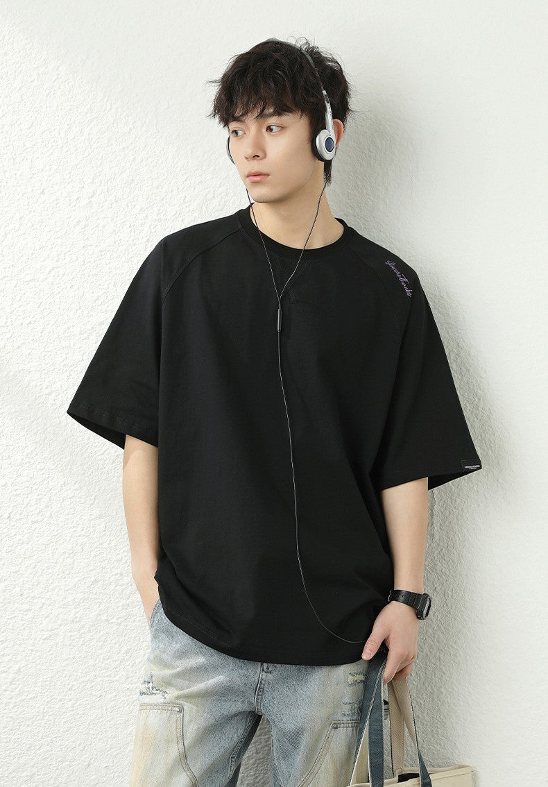 領口壓線刺繡短袖T-Shirt(3色)