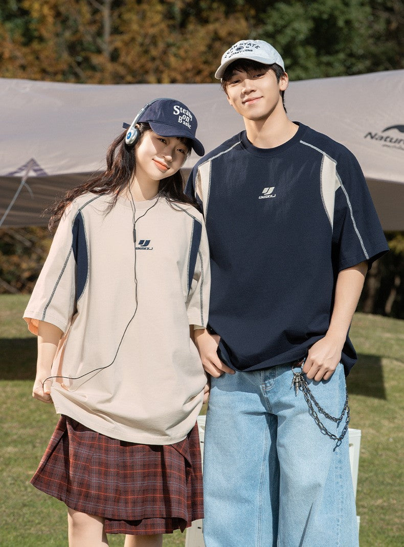 撞色明線拼接設計短袖T-Shirt(2色)
