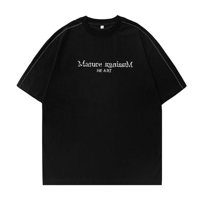 撞色字母刺繡明線設計短袖T-Shirt(2色)