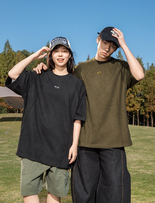 麂皮立體分割撞色刺繡短袖T-Shirt(3色)