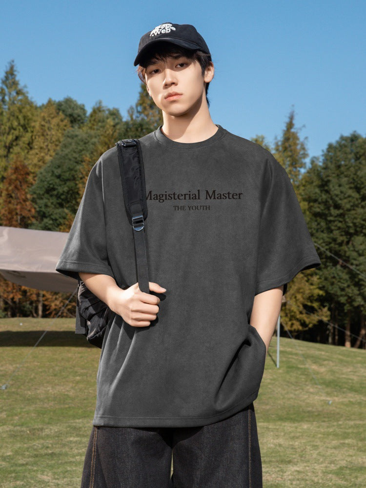 圓領麂皮絨字母印花短袖T-Shirt(5色)