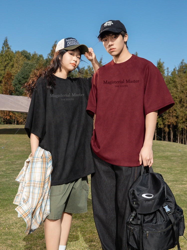 圓領麂皮絨字母印花短袖T-Shirt(5色)