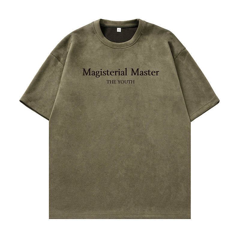 圓領麂皮絨字母印花短袖T-Shirt(5色)