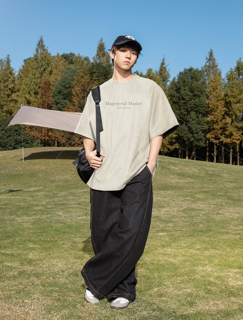 圓領麂皮絨字母印花短袖T-Shirt(5色)